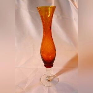 Vintage Tulip Shaped Bud Amber 10” Vase with Twisted Clear Stem